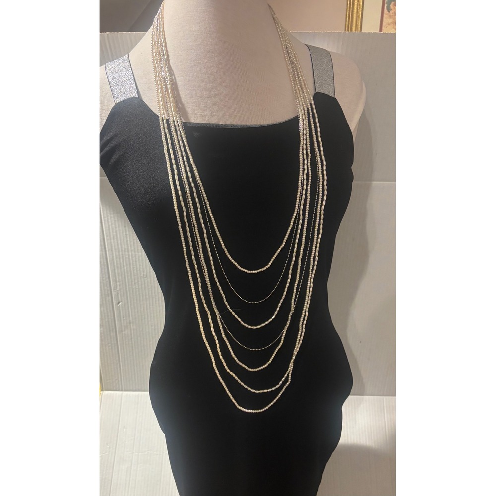 Vintage Style Multi Strand Faux Pearl Layered 50" Statement Necklace Silver Tone